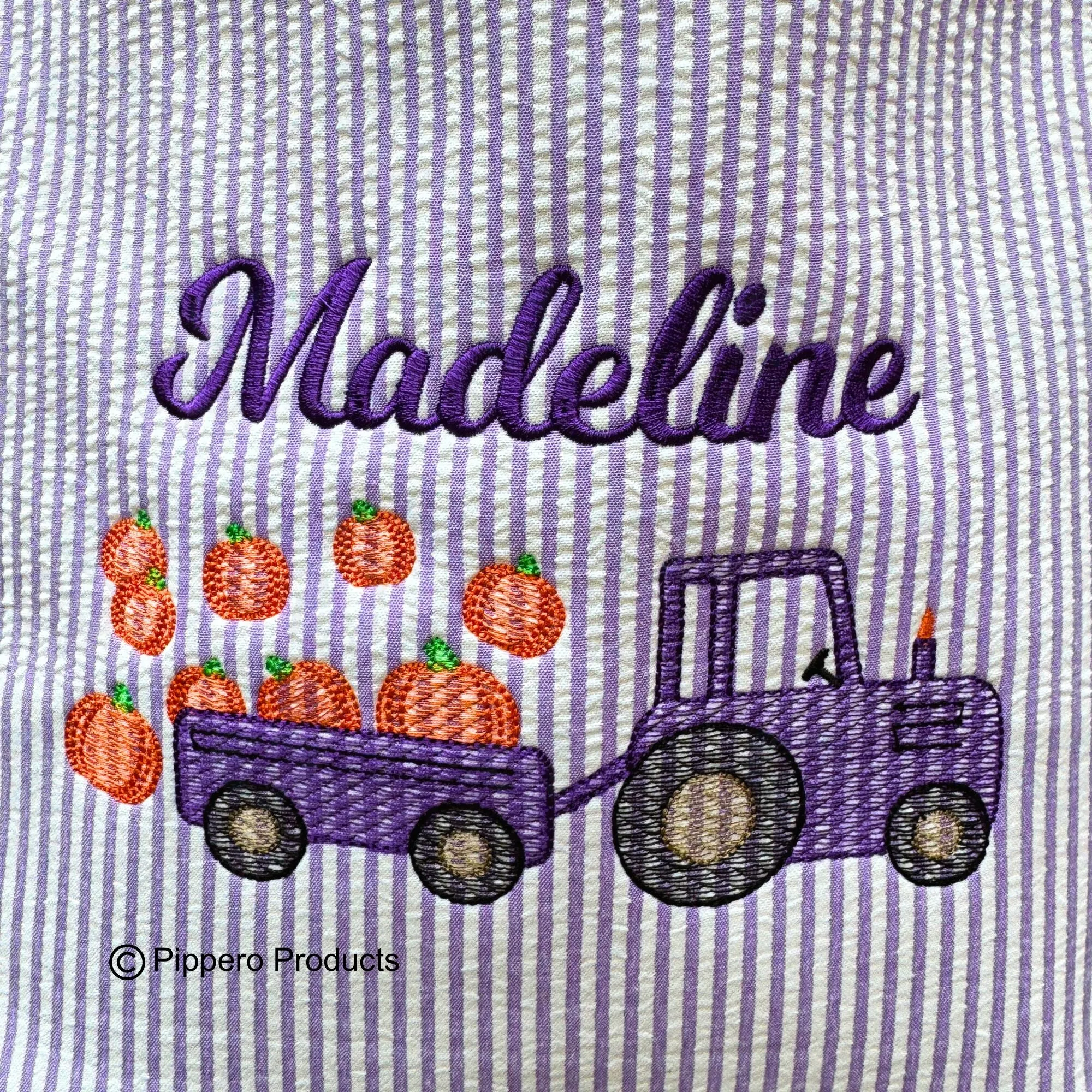 Personalized Embroidered Trick or Treat, Trunk or Treat Halloween Candy Bag Basket Bucket Tote with Seersucker Tractor Design Gift for Boy or Girl