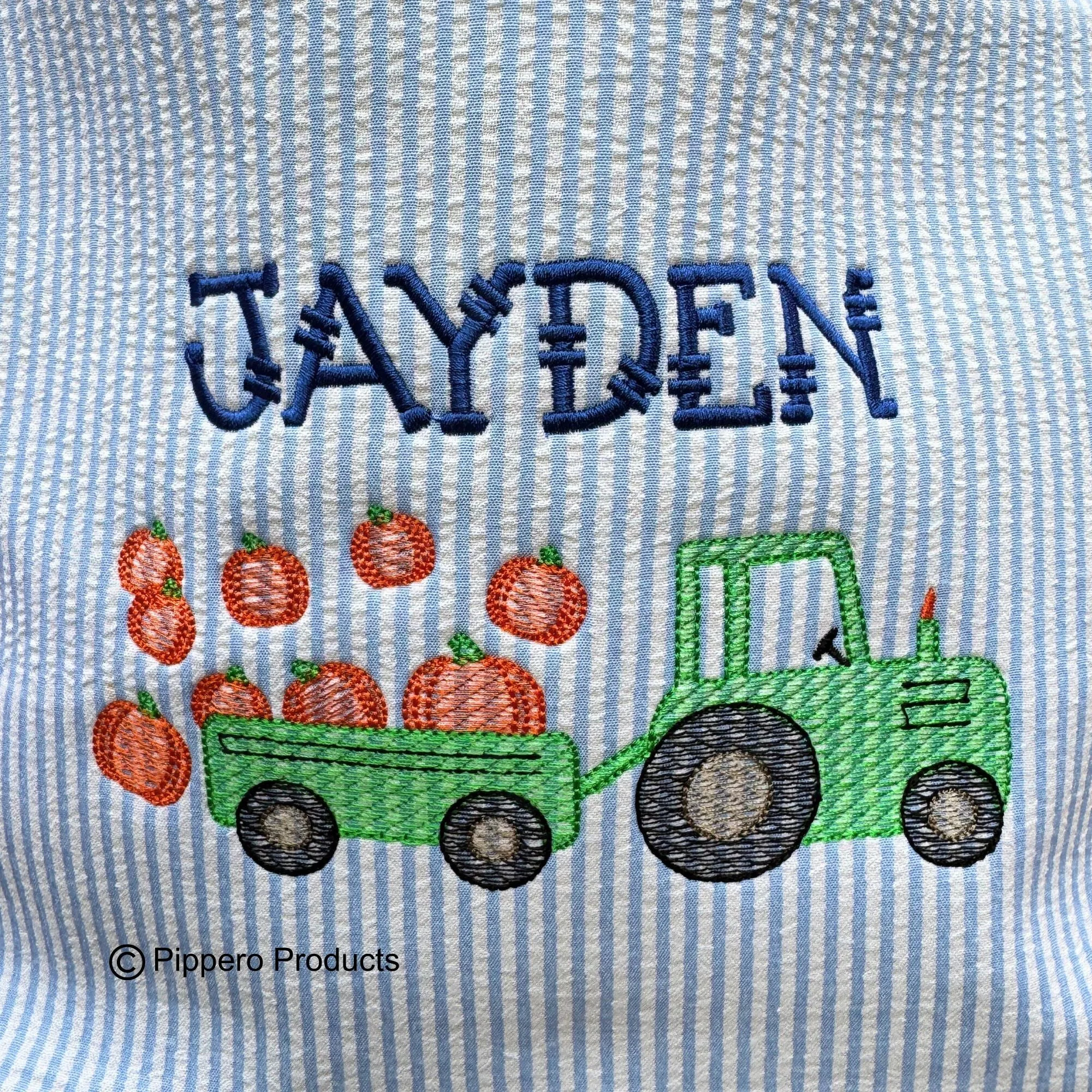 Personalized Embroidered Trick or Treat, Trunk or Treat Halloween Candy Bag Basket Bucket Tote with Seersucker Tractor Design Gift for Boy or Girl