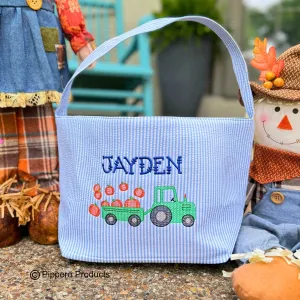Personalized Embroidered Trick or Treat, Trunk or Treat Halloween Candy Bag Basket Bucket Tote with Seersucker Tractor Design Gift for Boy or Girl