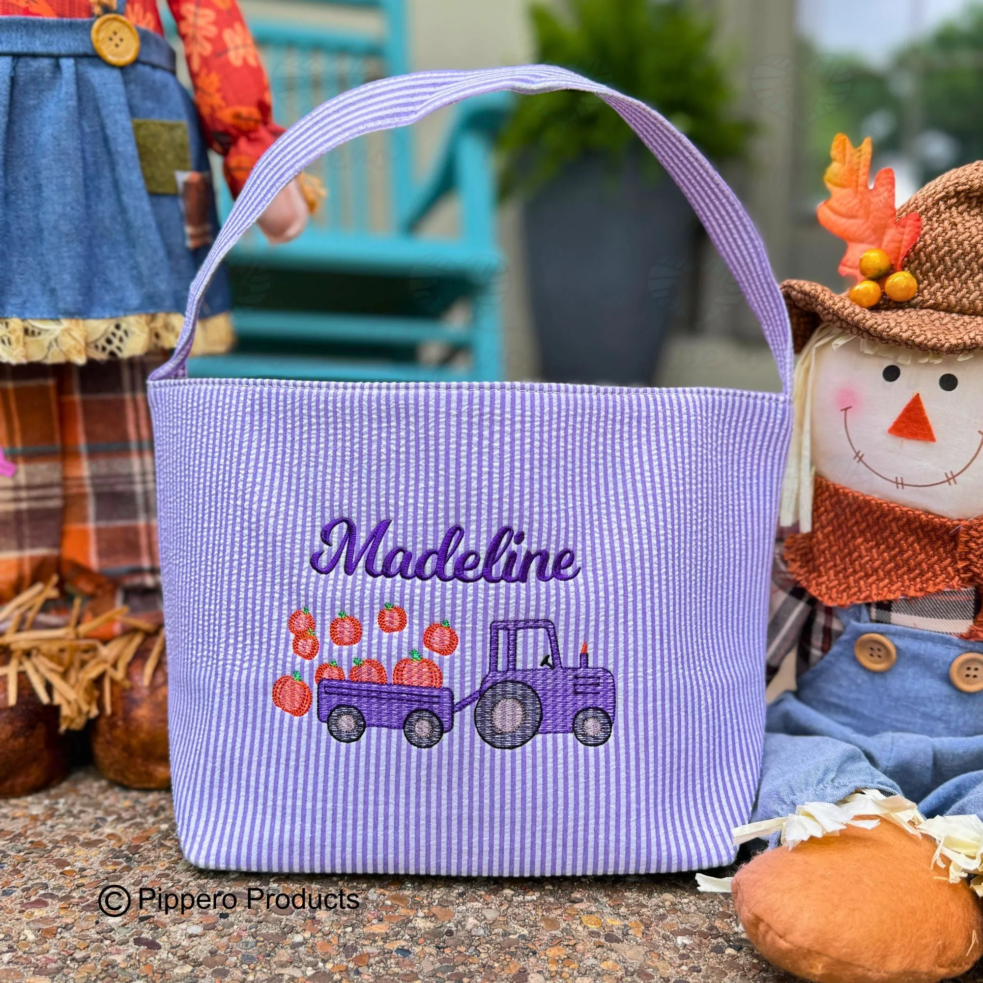 Personalized Embroidered Trick or Treat, Trunk or Treat Halloween Candy Bag Basket Bucket Tote with Seersucker Tractor Design Gift for Boy or Girl