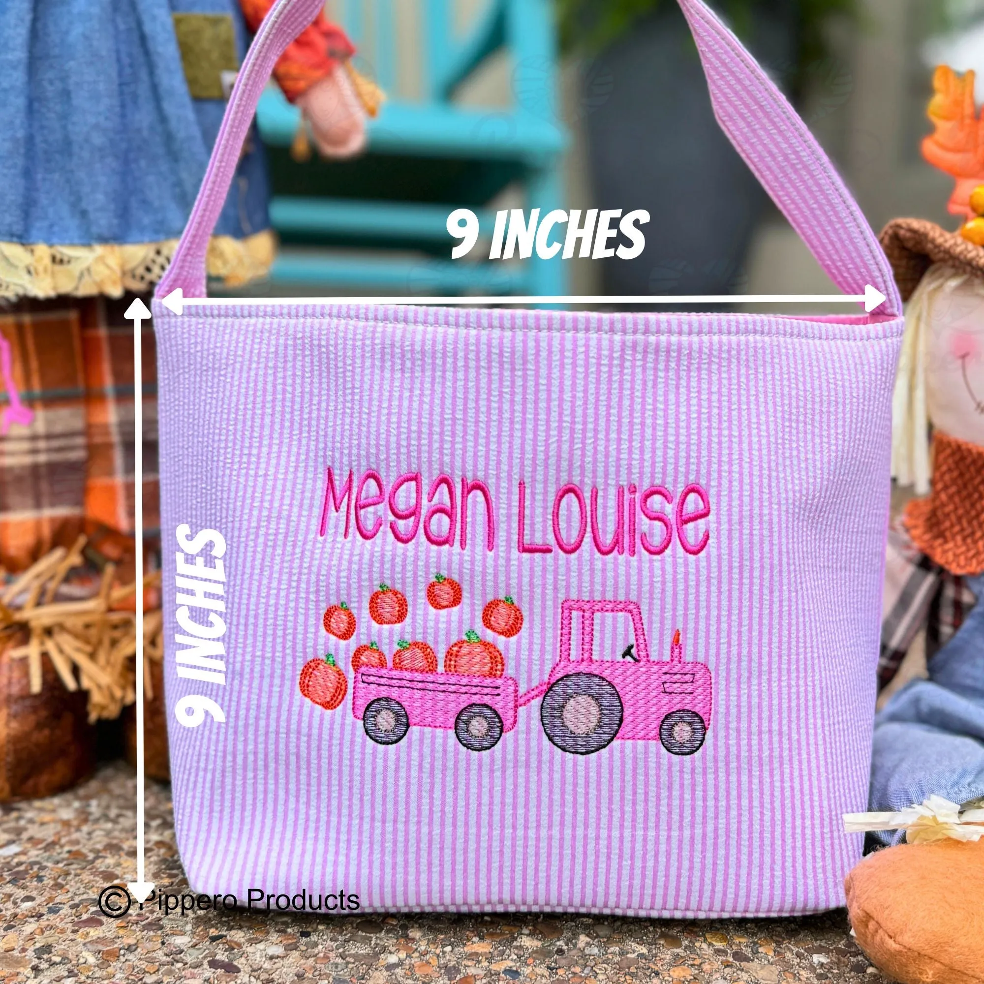 Personalized Embroidered Trick or Treat, Trunk or Treat Halloween Candy Bag Basket Bucket Tote with Seersucker Tractor Design Gift for Boy or Girl