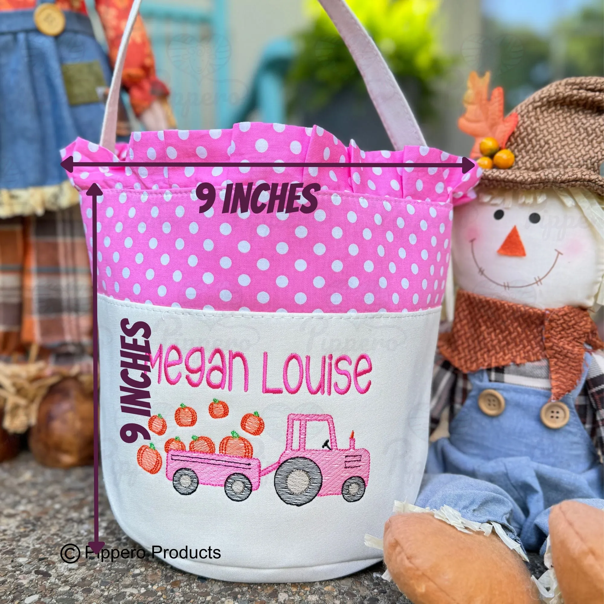 Personalized Embroidered Trick or Treat, Trunk or Treat Halloween Candy Bag Basket Bucket Tote with Small Dot Tractor Design Gift for Boy or Girl