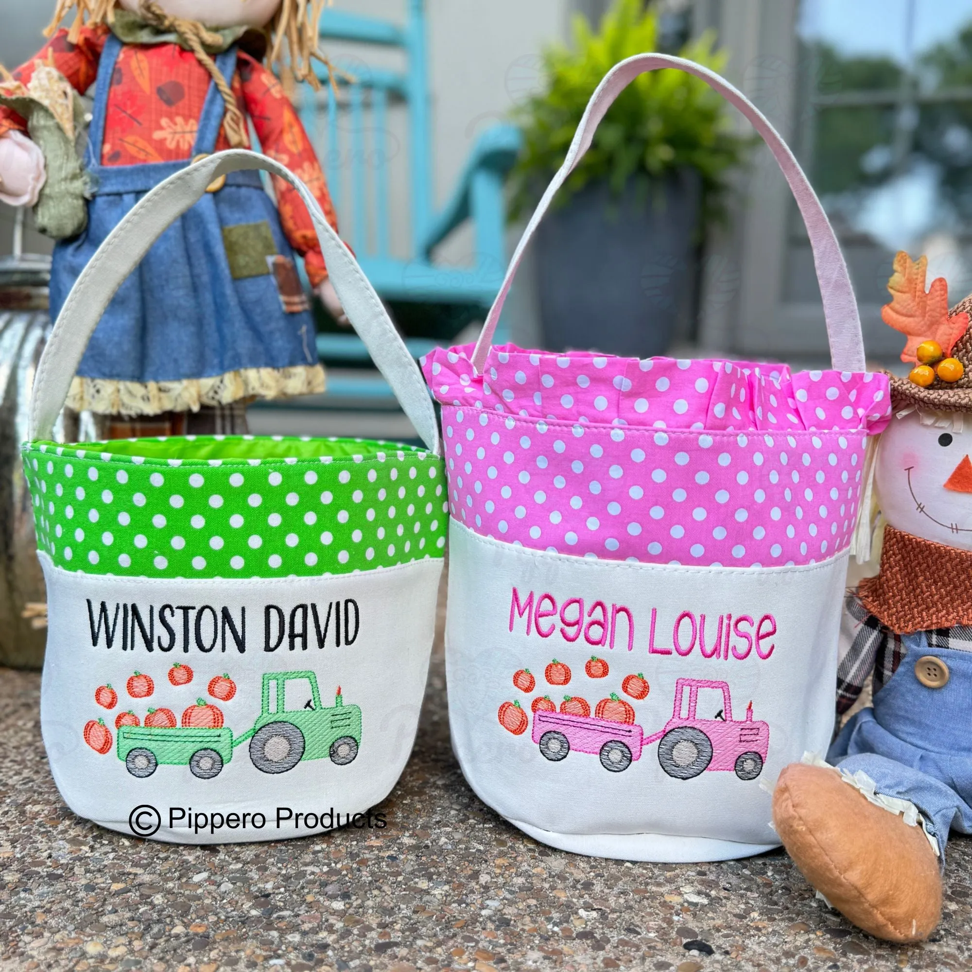 Personalized Embroidered Trick or Treat, Trunk or Treat Halloween Candy Bag Basket Bucket Tote with Small Dot Tractor Design Gift for Boy or Girl
