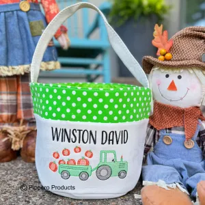 Personalized Embroidered Trick or Treat, Trunk or Treat Halloween Candy Bag Basket Bucket Tote with Small Dot Tractor Design Gift for Boy or Girl