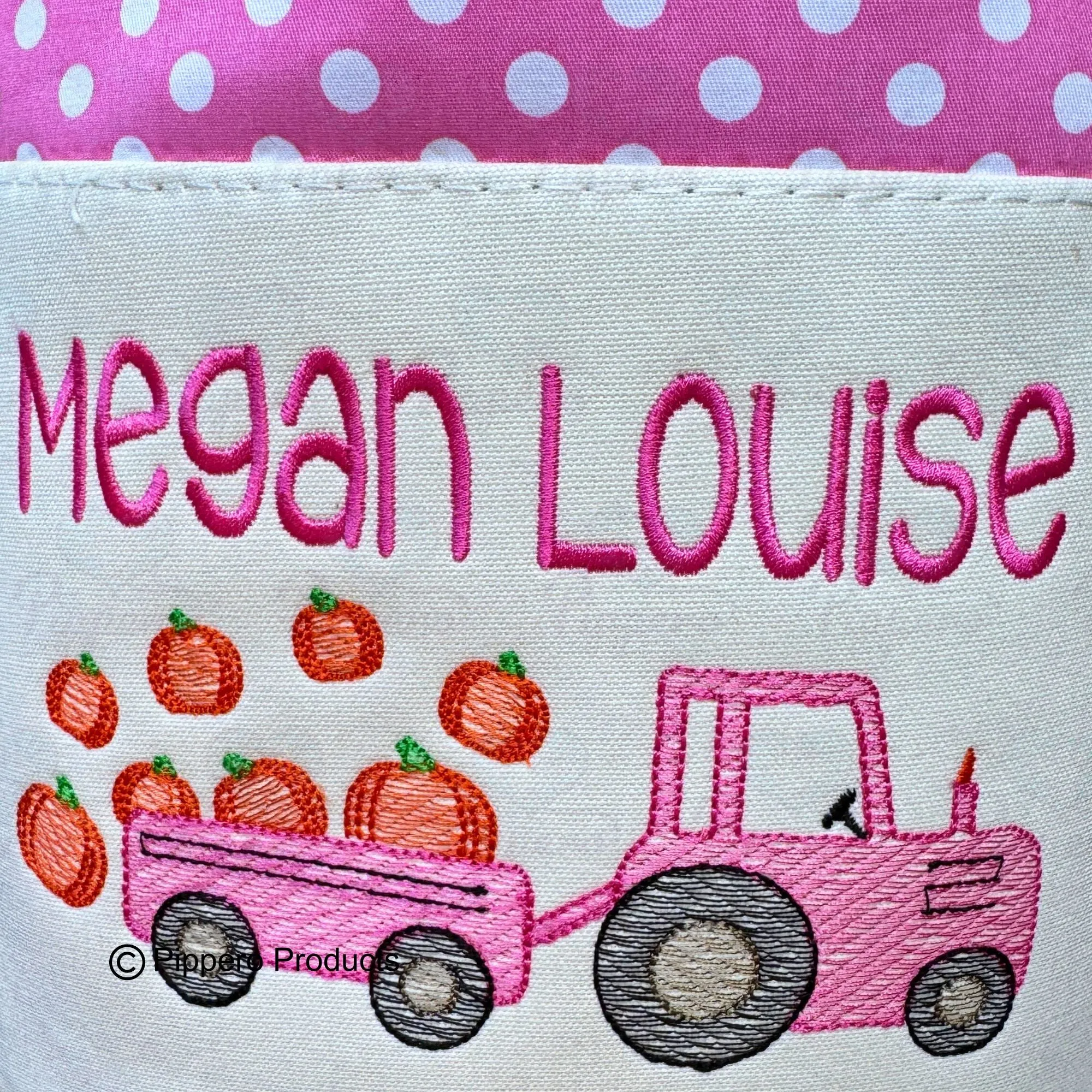 Personalized Embroidered Trick or Treat, Trunk or Treat Halloween Candy Bag Basket Bucket Tote with Small Dot Tractor Design Gift for Boy or Girl