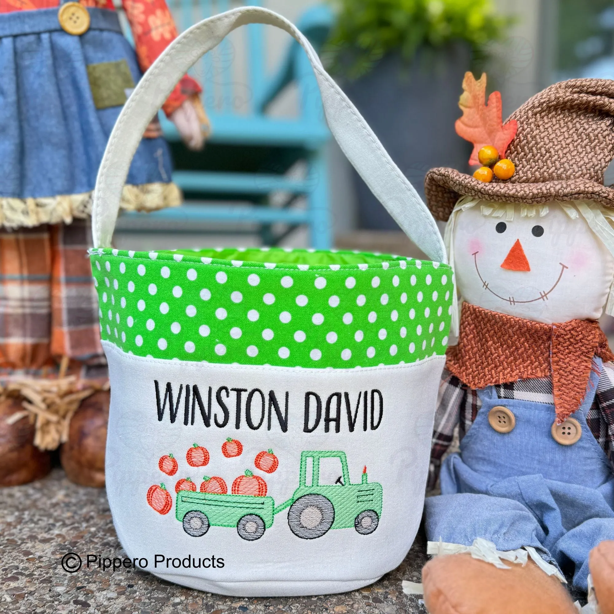 Personalized Embroidered Trick or Treat, Trunk or Treat Halloween Candy Bag Basket Bucket Tote with Small Dot Tractor Design Gift for Boy or Girl