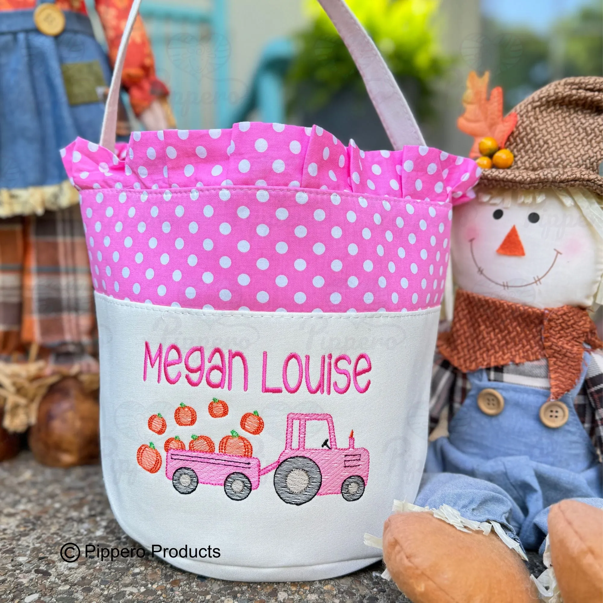 Personalized Embroidered Trick or Treat, Trunk or Treat Halloween Candy Bag Basket Bucket Tote with Small Dot Tractor Design Gift for Boy or Girl