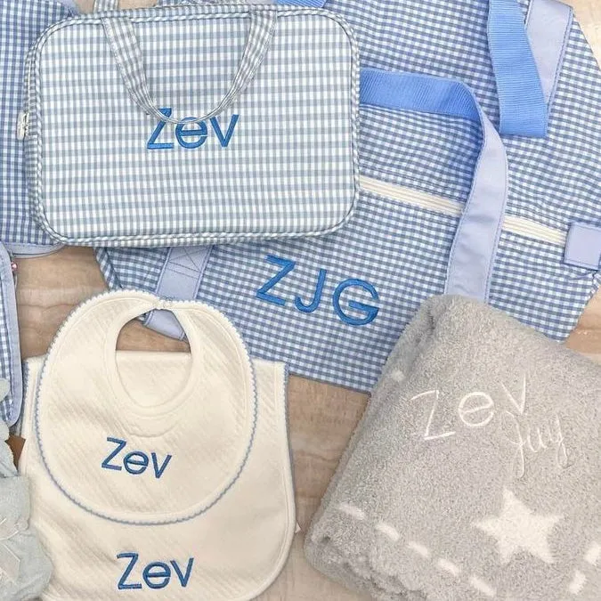 Personalized Gingham Baby Blue Duffel Bag
