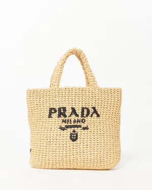 Prada Beige Logo Raffia Small Tote Bag