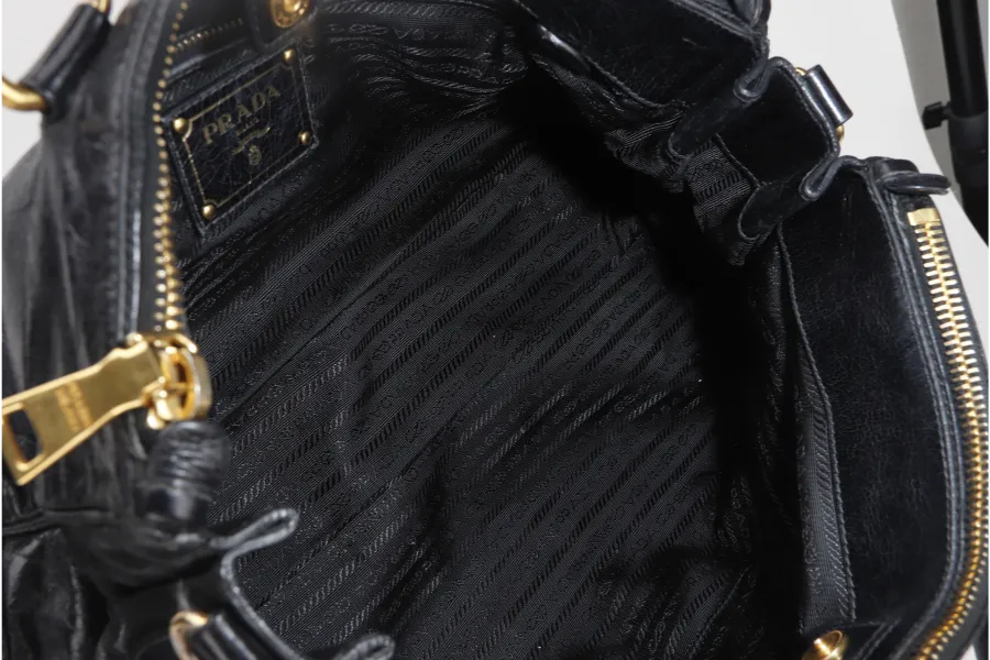 PRADA VITELLO SHINE DOUBLE ZIP BLACK GOLD HARDWARE WITH STRAPS AND DUST COVER