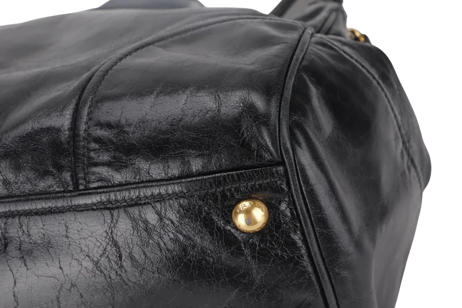 PRADA VITELLO SHINE DOUBLE ZIP BLACK GOLD HARDWARE WITH STRAPS AND DUST COVER
