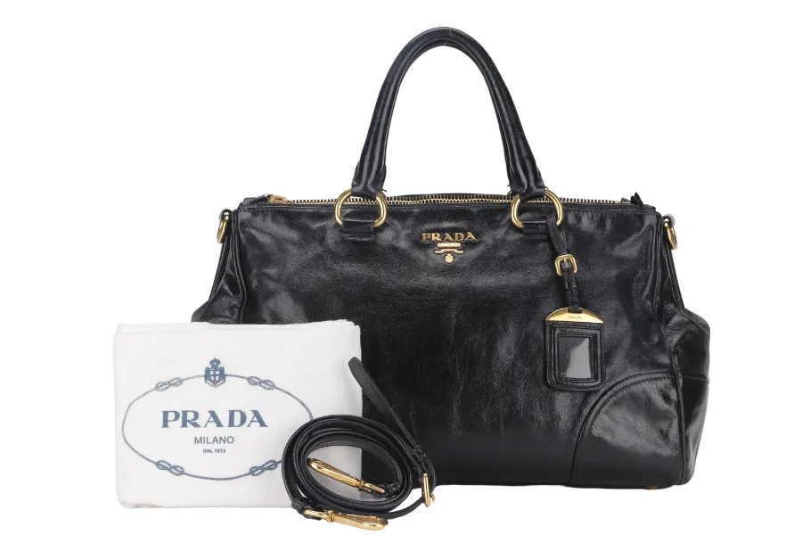 PRADA VITELLO SHINE DOUBLE ZIP BLACK GOLD HARDWARE WITH STRAPS AND DUST COVER