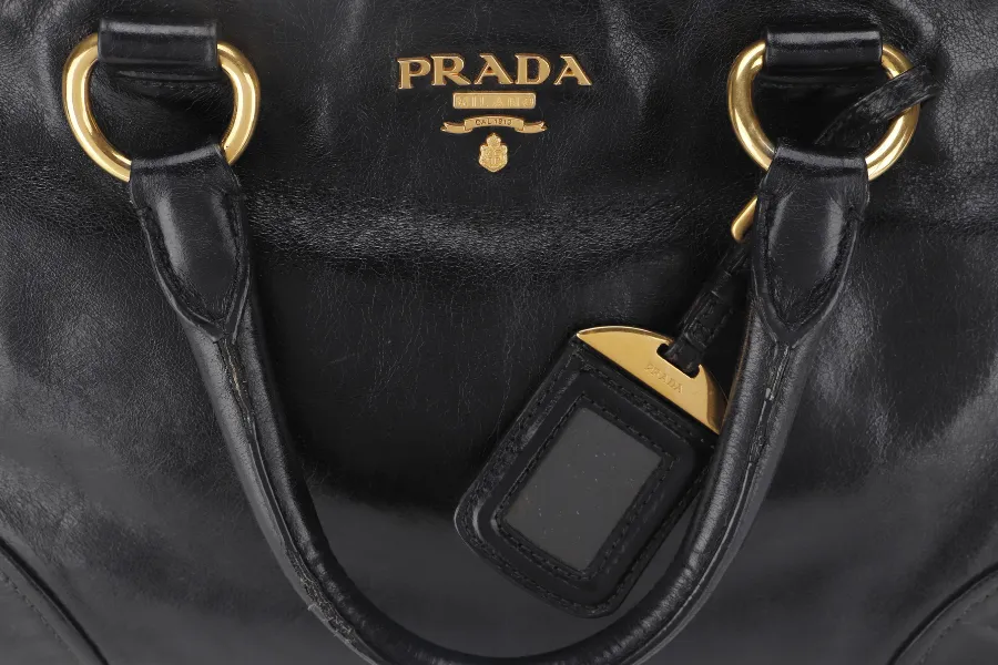 PRADA VITELLO SHINE DOUBLE ZIP BLACK GOLD HARDWARE WITH STRAPS AND DUST COVER