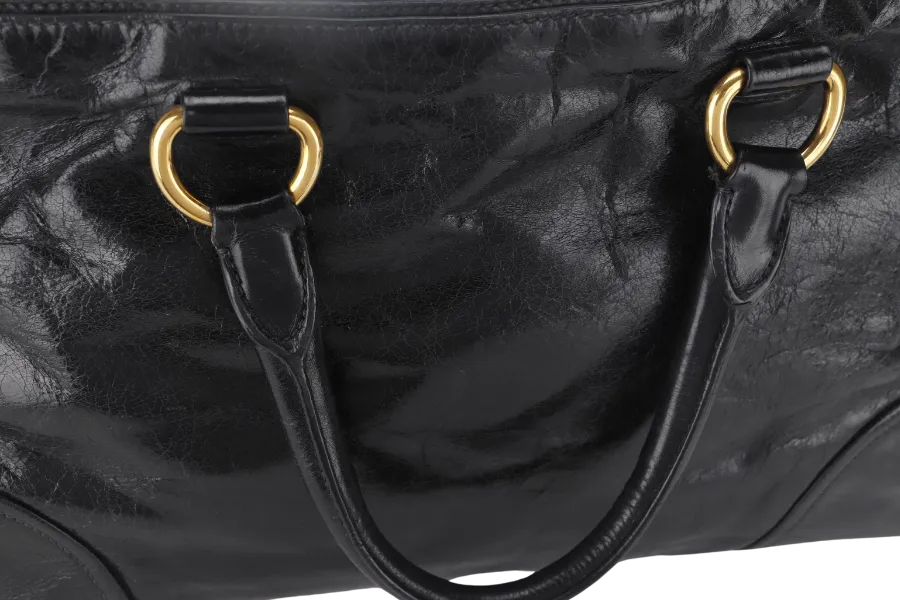 PRADA VITELLO SHINE DOUBLE ZIP BLACK GOLD HARDWARE WITH STRAPS AND DUST COVER