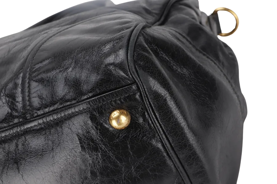 PRADA VITELLO SHINE DOUBLE ZIP BLACK GOLD HARDWARE WITH STRAPS AND DUST COVER