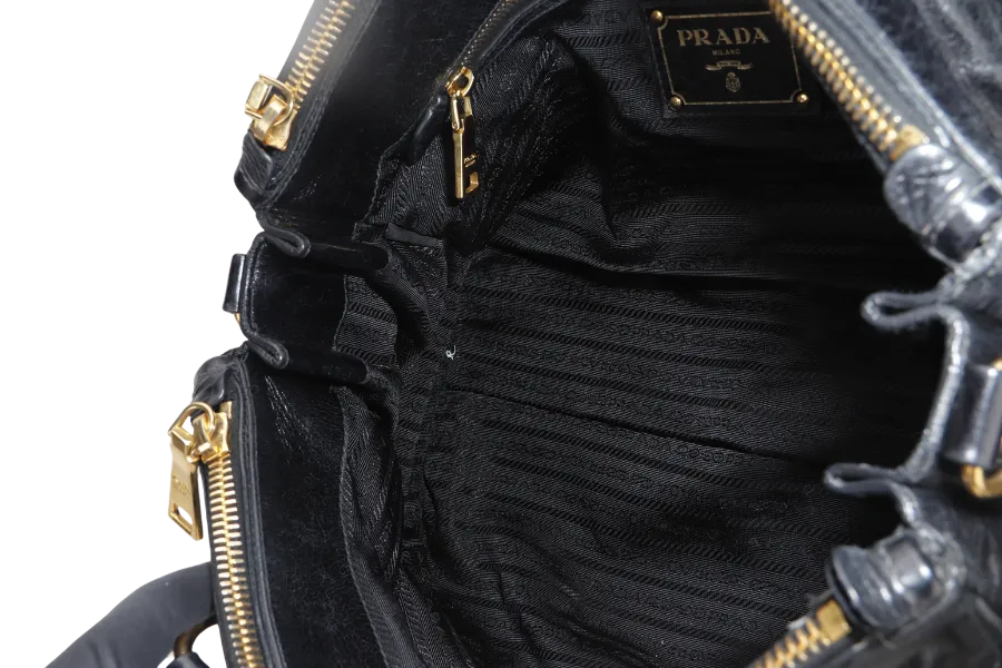 PRADA VITELLO SHINE DOUBLE ZIP BLACK GOLD HARDWARE WITH STRAPS AND DUST COVER