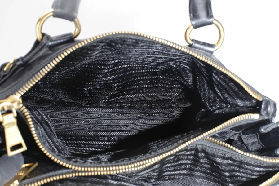 PRADA VITELLO SHINE DOUBLE ZIP BLACK GOLD HARDWARE WITH STRAPS AND DUST COVER