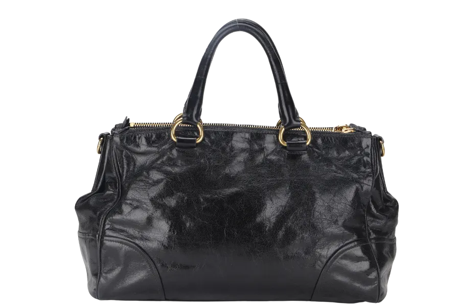 PRADA VITELLO SHINE DOUBLE ZIP BLACK GOLD HARDWARE WITH STRAPS AND DUST COVER