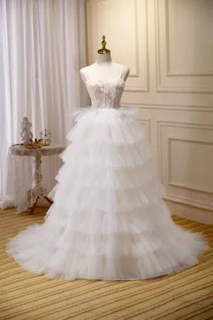 Pretty Spaghetti Straps Appliques Ball Gown A Line Tulle Long Prom Dresses