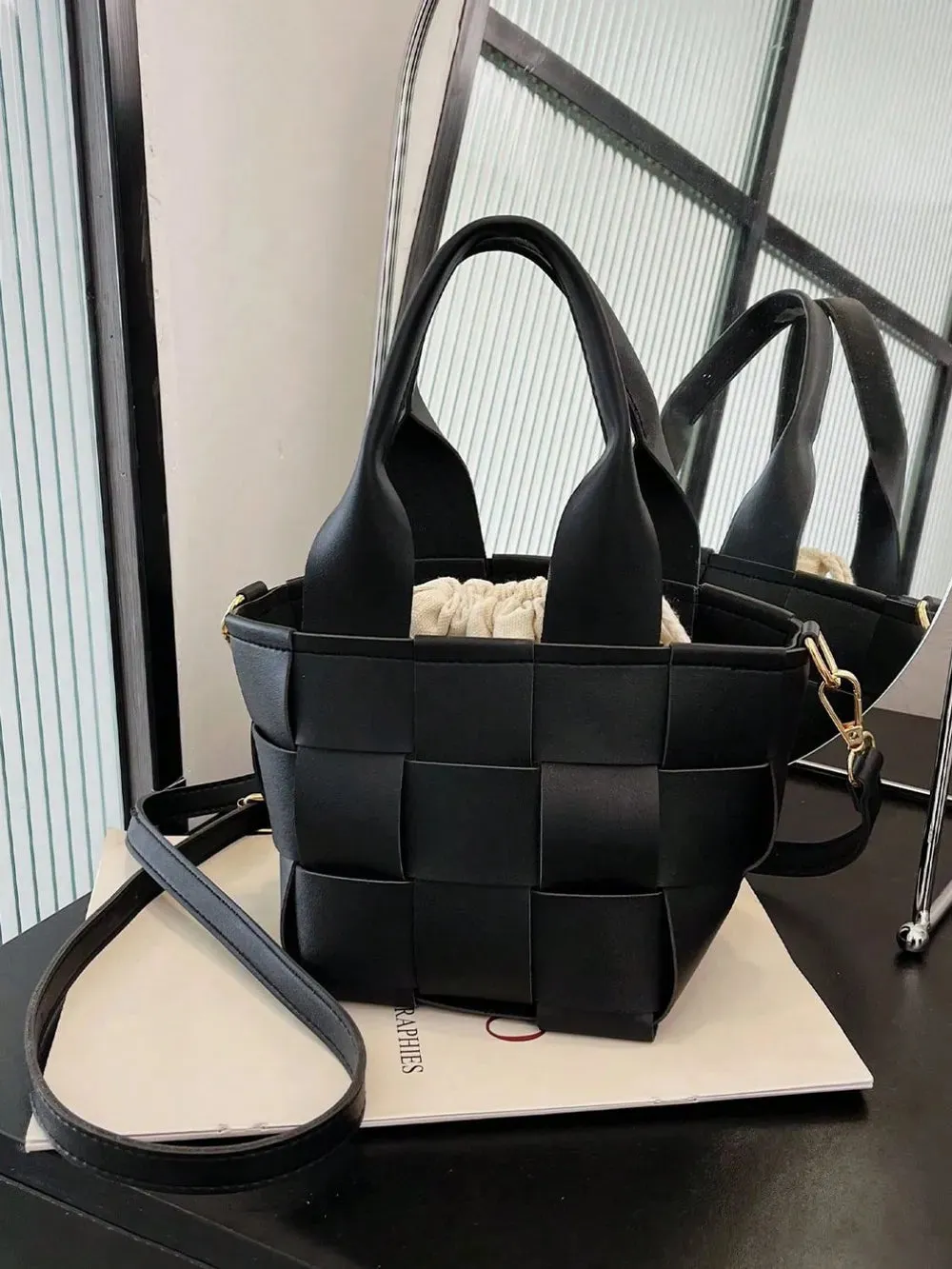 PU Leather Braided Bucket Bag