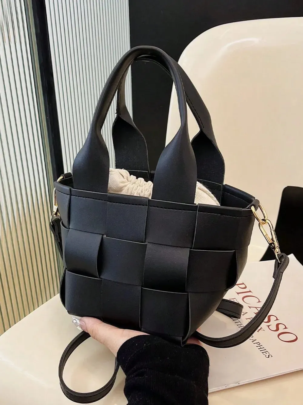 PU Leather Braided Bucket Bag