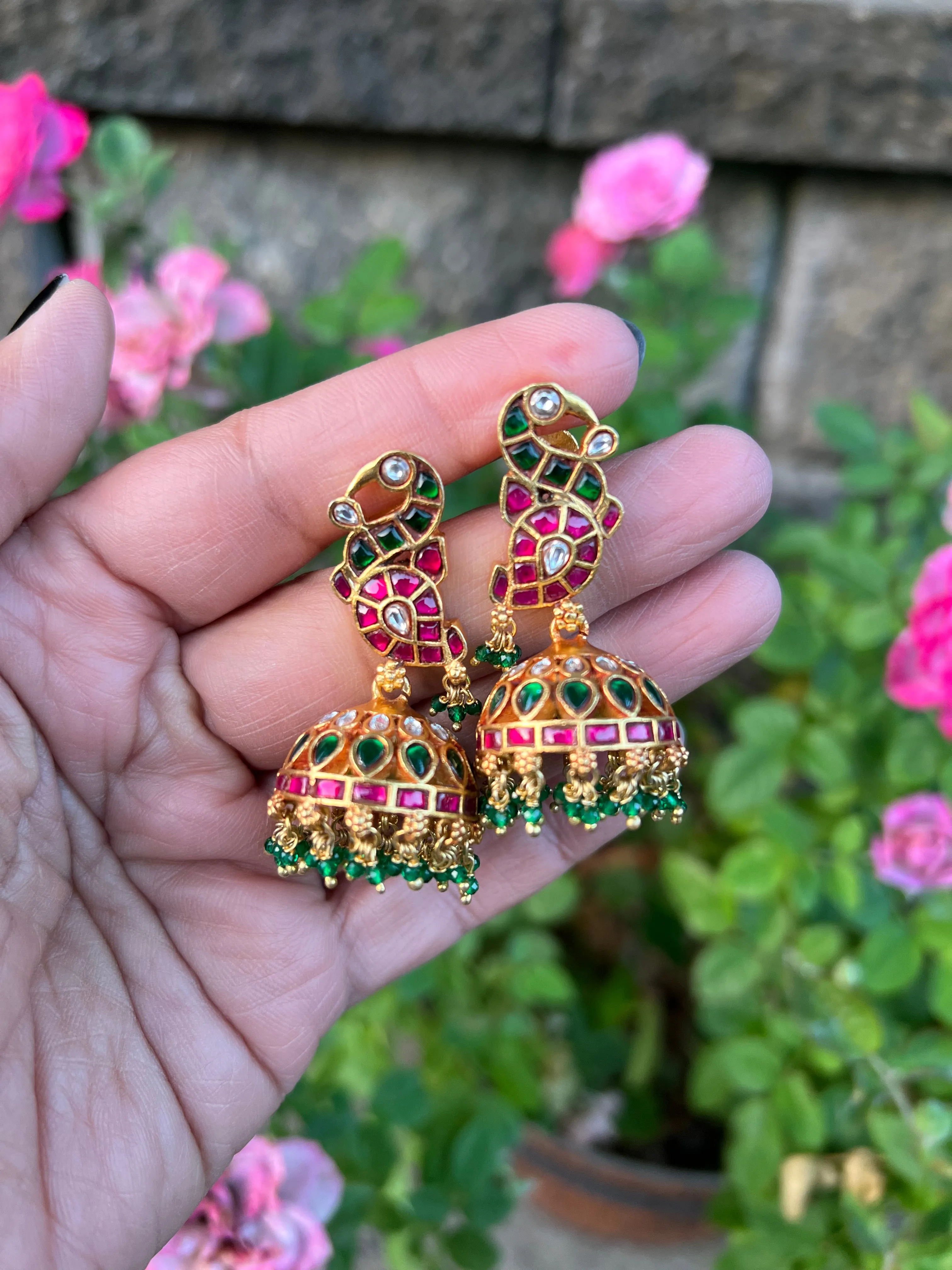 Pure 925 Silver Jadau Kundan Jhumka Earrings