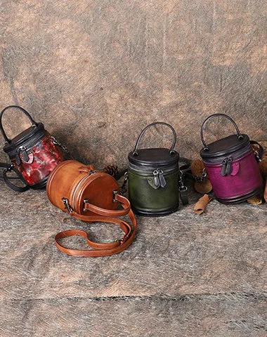 Purple Leather Womens Bucket Handbag Barrel Shoulder Bag Crossbody Purse for Ladies