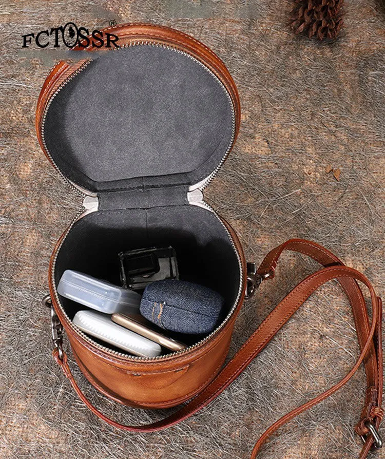 Purple Leather Womens Bucket Handbag Barrel Shoulder Bag Crossbody Purse for Ladies