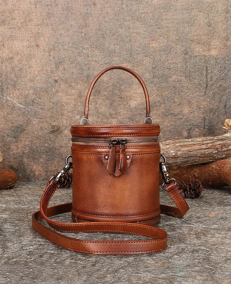 Purple Leather Womens Bucket Handbag Barrel Shoulder Bag Crossbody Purse for Ladies