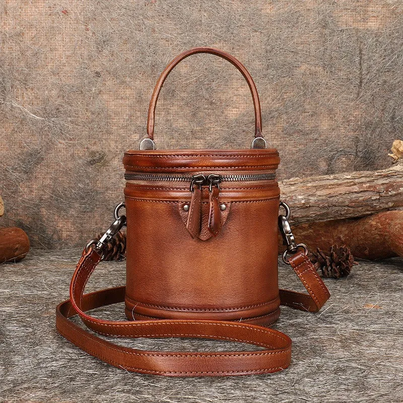 Purple Leather Womens Bucket Handbag Barrel Shoulder Bag Crossbody Purse for Ladies