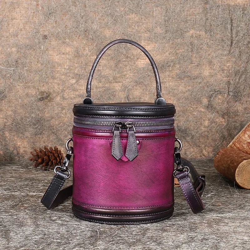 Purple Leather Womens Bucket Handbag Barrel Shoulder Bag Crossbody Purse for Ladies