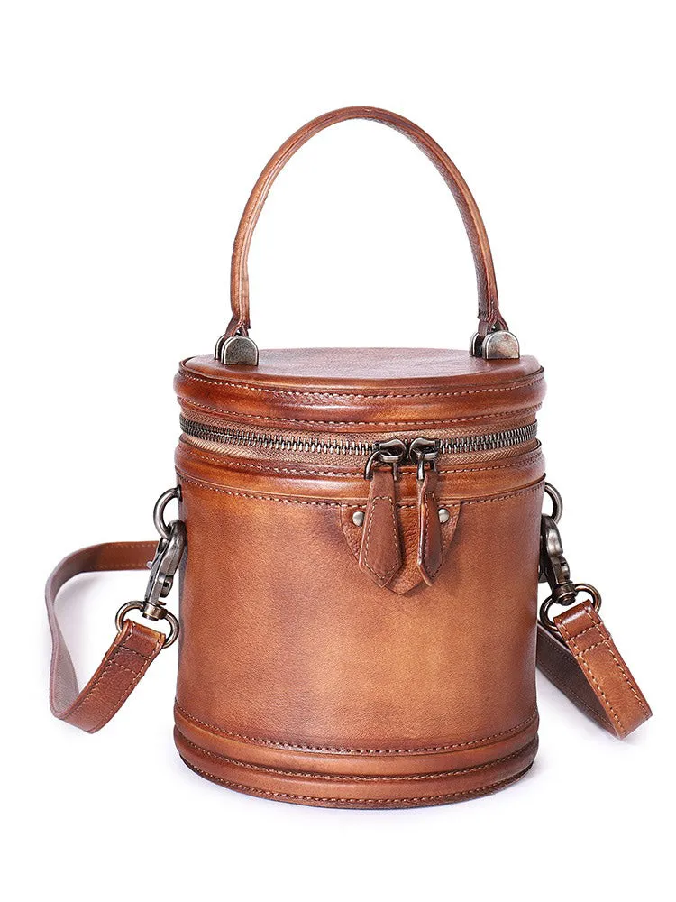 Purple Leather Womens Bucket Handbag Barrel Shoulder Bag Crossbody Purse for Ladies
