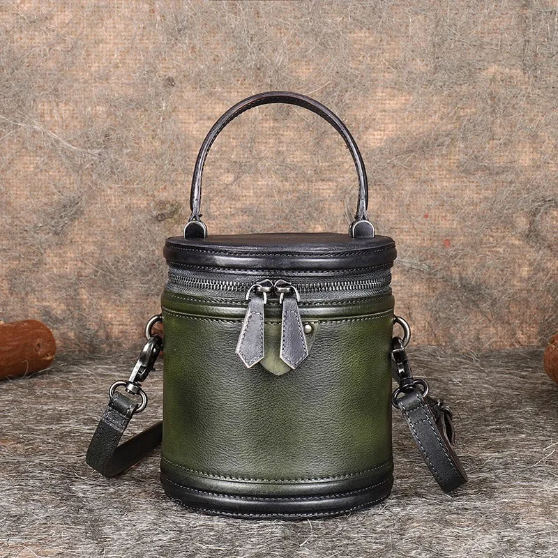 Purple Leather Womens Bucket Handbag Barrel Shoulder Bag Crossbody Purse for Ladies