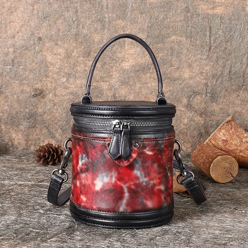 Purple Leather Womens Bucket Handbag Barrel Shoulder Bag Crossbody Purse for Ladies
