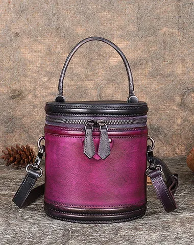 Purple Leather Womens Bucket Handbag Barrel Shoulder Bag Crossbody Purse for Ladies