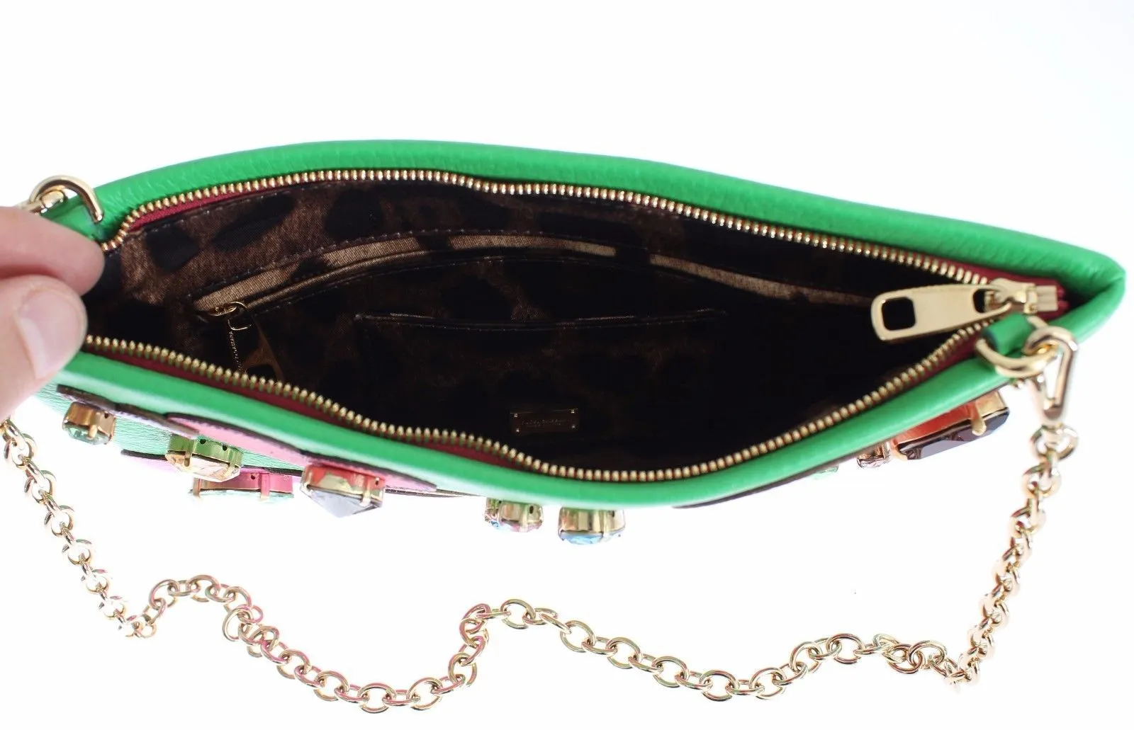 Purse Green Leather Heart Crystal Clutch