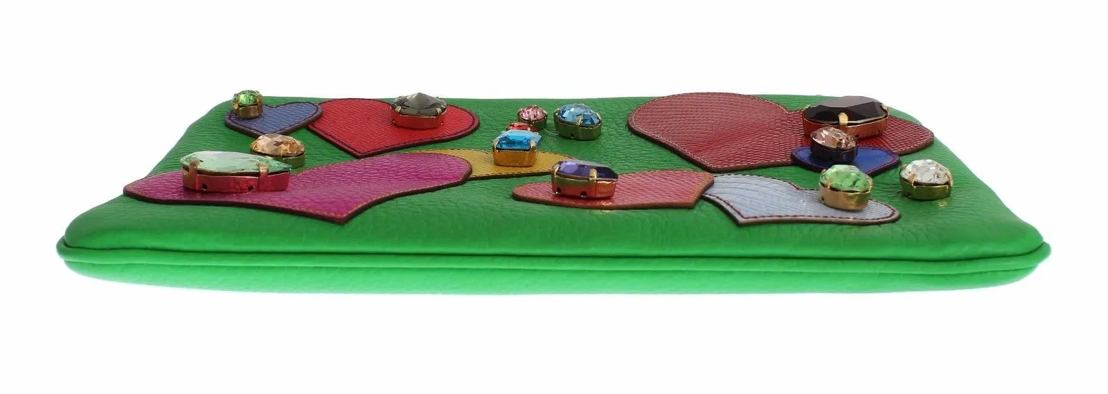Purse Green Leather Heart Crystal Clutch