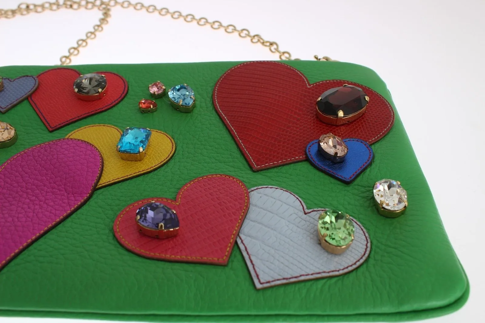 Purse Green Leather Heart Crystal Clutch
