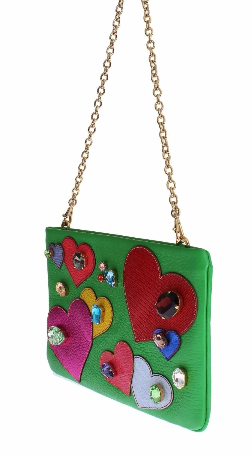 Purse Green Leather Heart Crystal Clutch