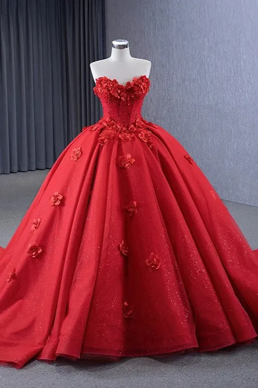 Red Exquisite Strapless Appliques Ball Gown Off-the-shoulder Long Prom Dresses