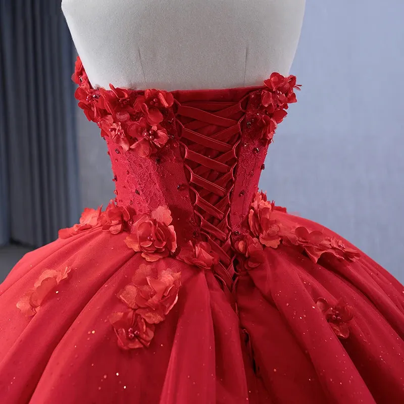 Red Exquisite Strapless Appliques Ball Gown Off-the-shoulder Long Prom Dresses