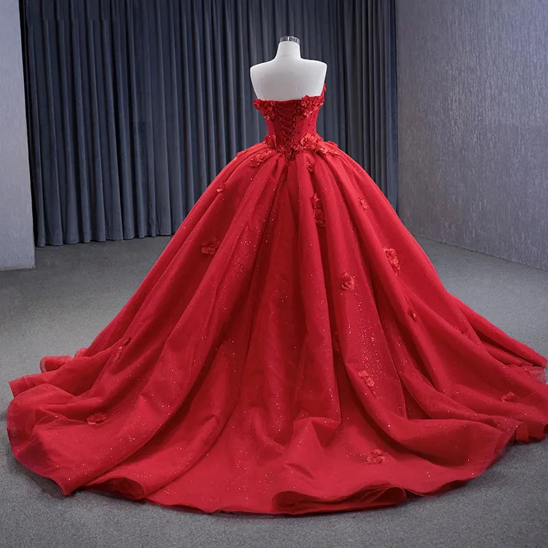 Red Exquisite Strapless Appliques Ball Gown Off-the-shoulder Long Prom Dresses