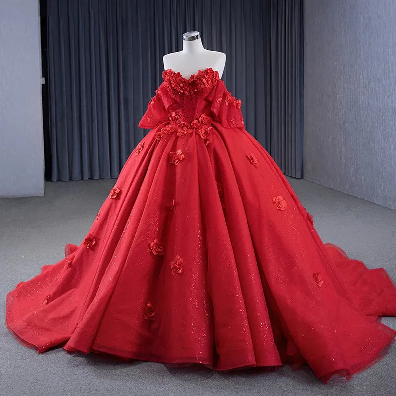 Red Exquisite Strapless Appliques Ball Gown Off-the-shoulder Long Prom Dresses
