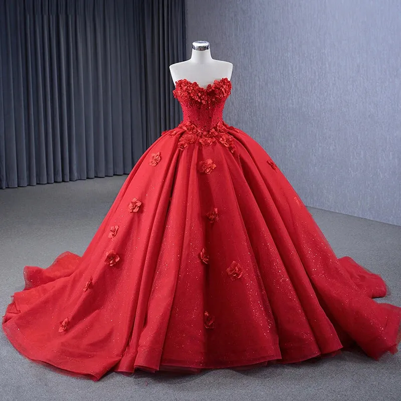 Red Exquisite Strapless Appliques Ball Gown Off-the-shoulder Long Prom Dresses