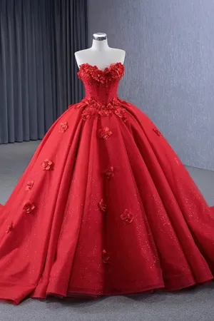 Red Exquisite Strapless Appliques Ball Gown Off-the-shoulder Long Prom Dresses