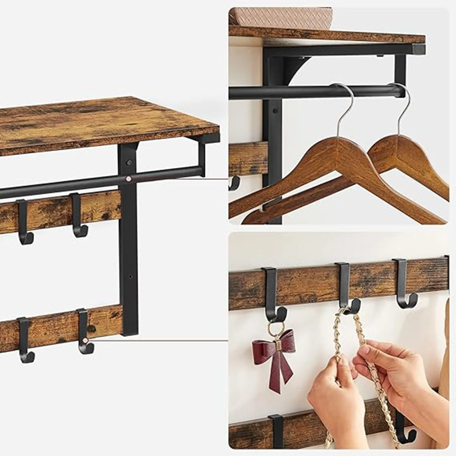 Rootz Wall Coat Rack - Vintage Hook Stand - Metal Hanger - Vintage Brown-Black - 60cm x 30cm x 12cm