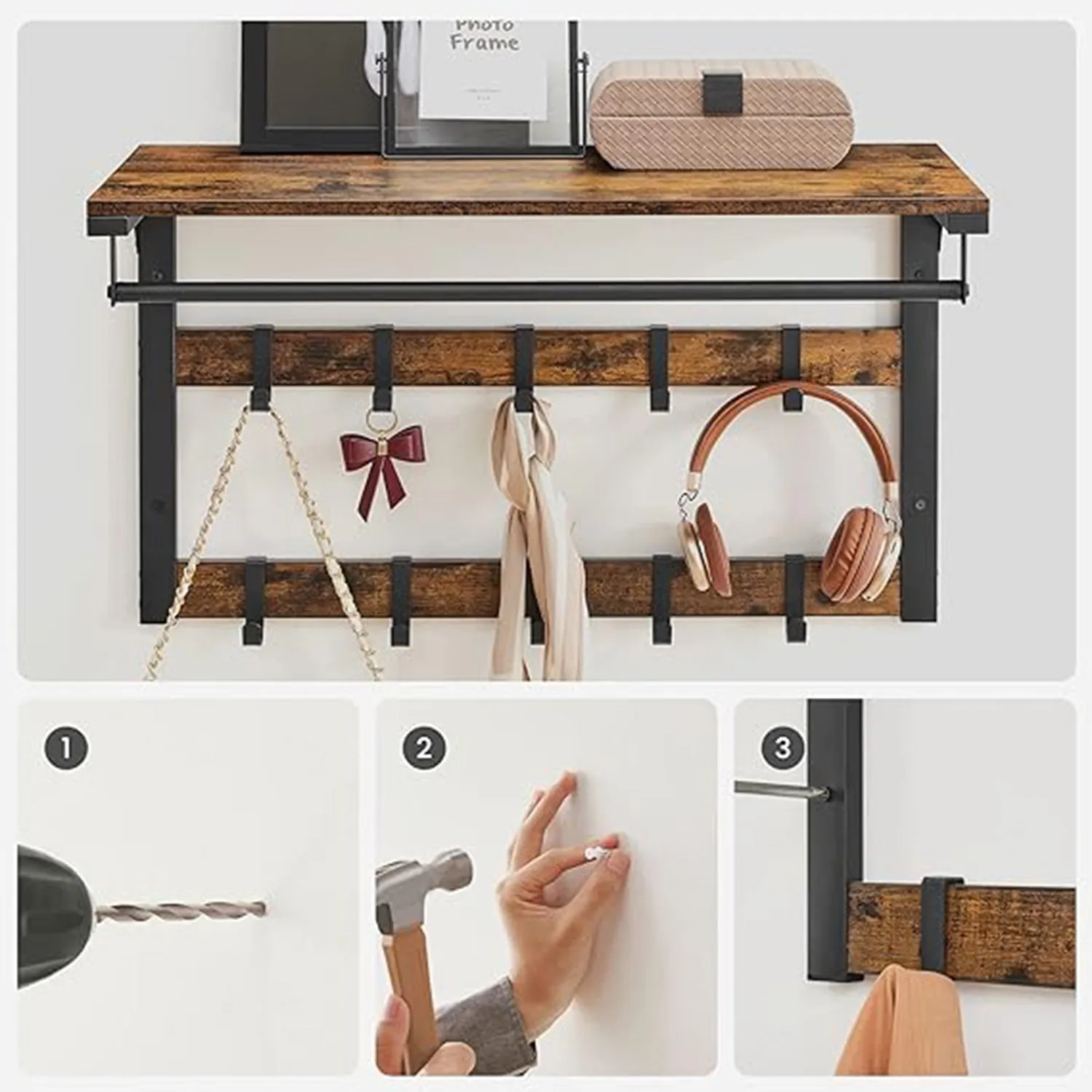 Rootz Wall Coat Rack - Vintage Hook Stand - Metal Hanger - Vintage Brown-Black - 60cm x 30cm x 12cm