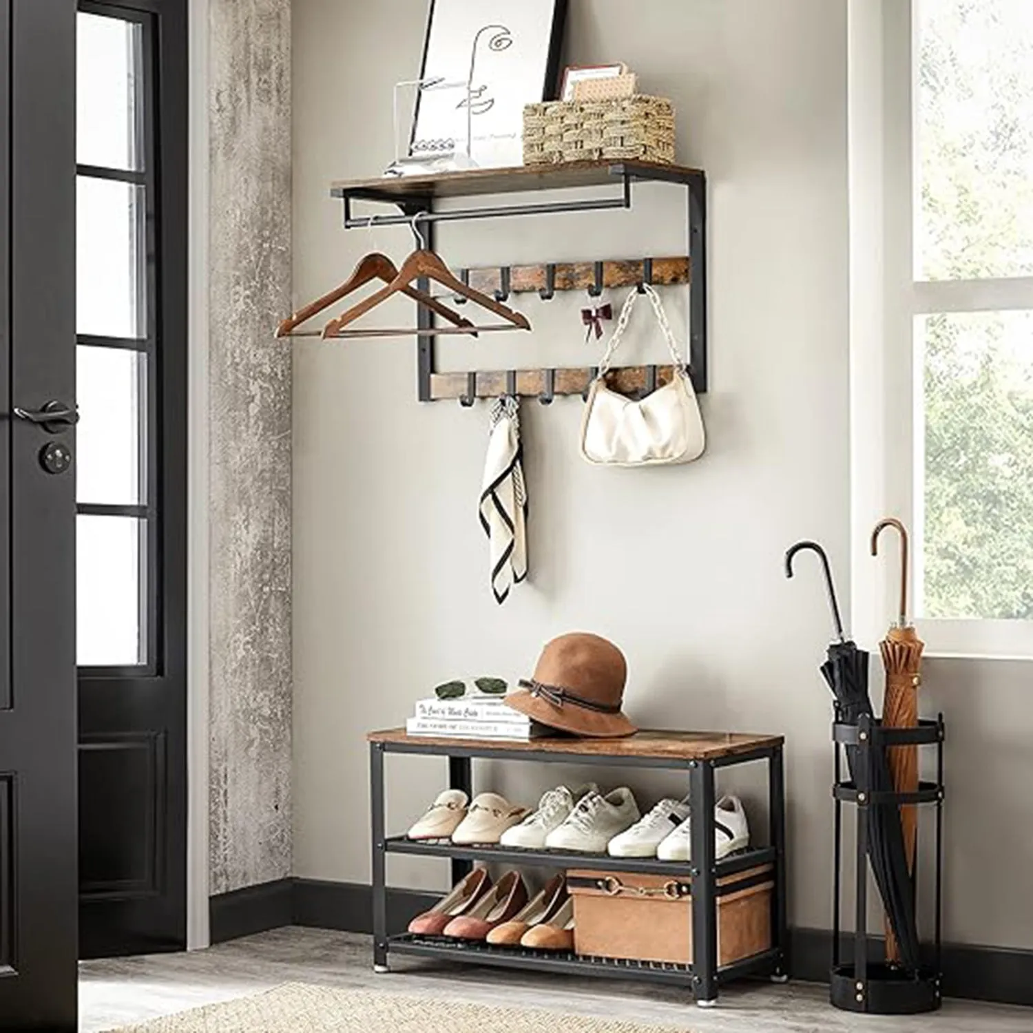 Rootz Wall Coat Rack - Vintage Hook Stand - Metal Hanger - Vintage Brown-Black - 60cm x 30cm x 12cm