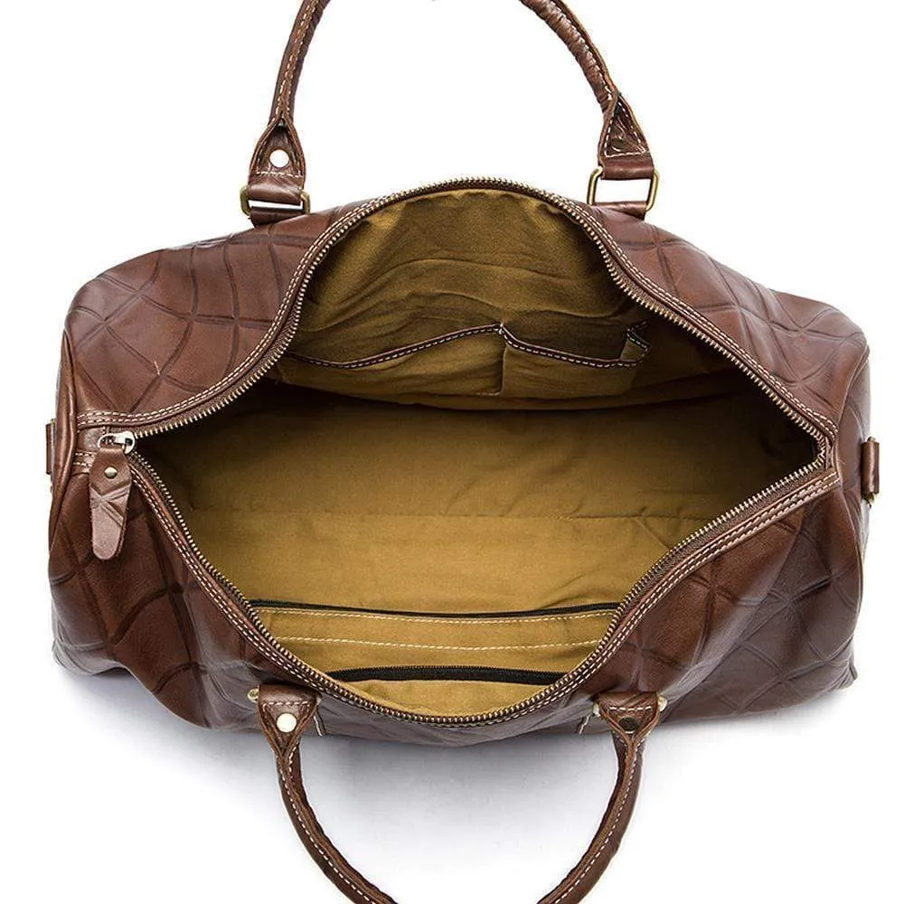 Rossie Viren  Men's Quilted Large Capacity  Leather Duffel Carryall Travel  Bag