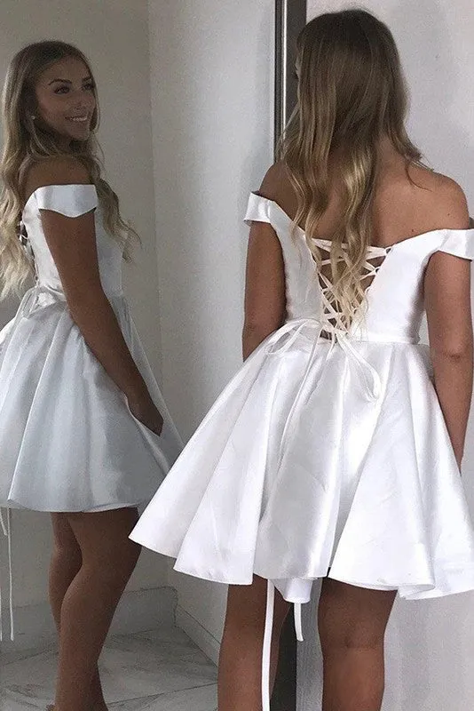 Roycebridal Simple Short Prom Dresses A-Line Satin Off-Shoulder Homecoming Dresses